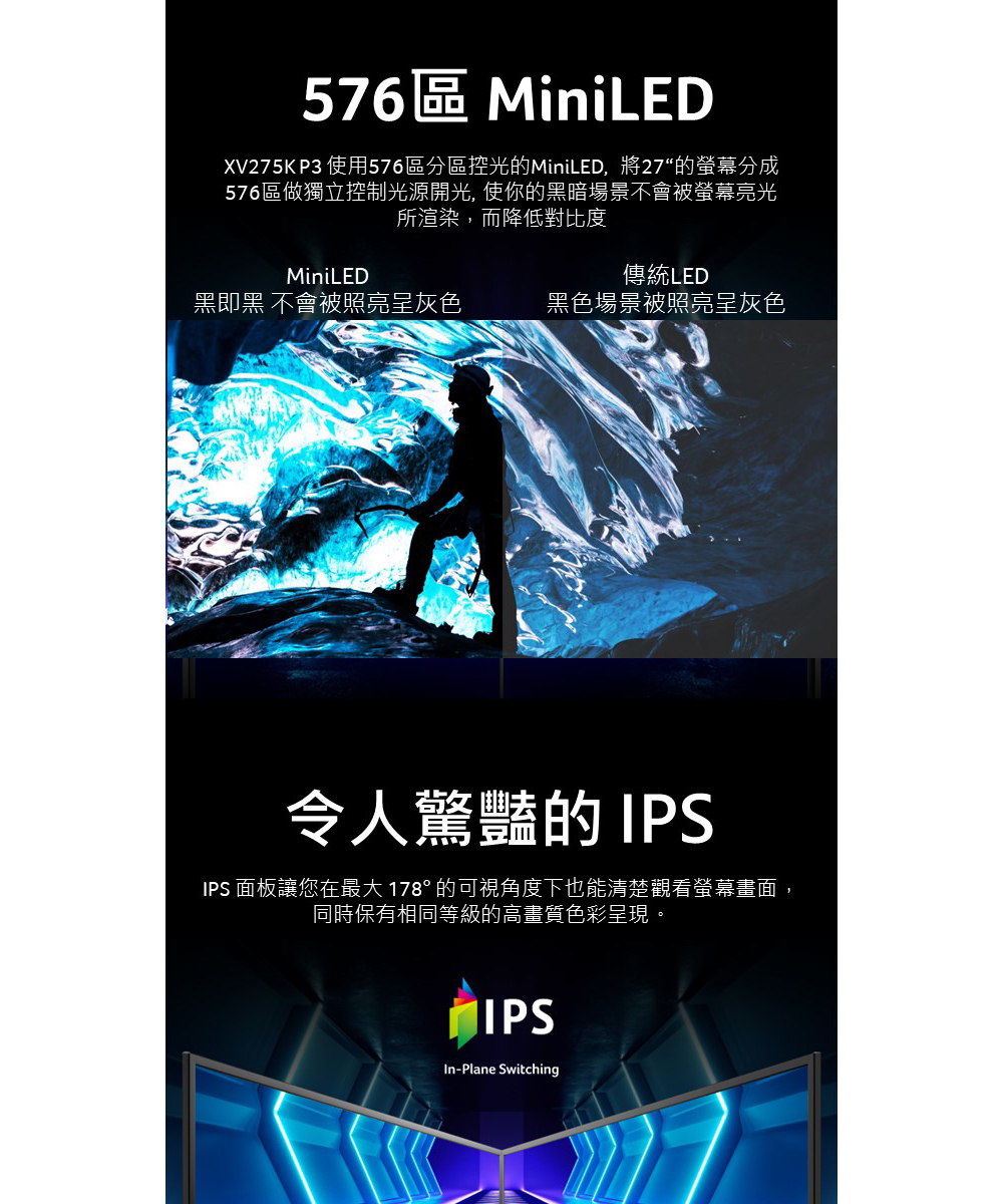 XV275K P3 使用576區分區控光的MiniLED,將27的螢幕分成
