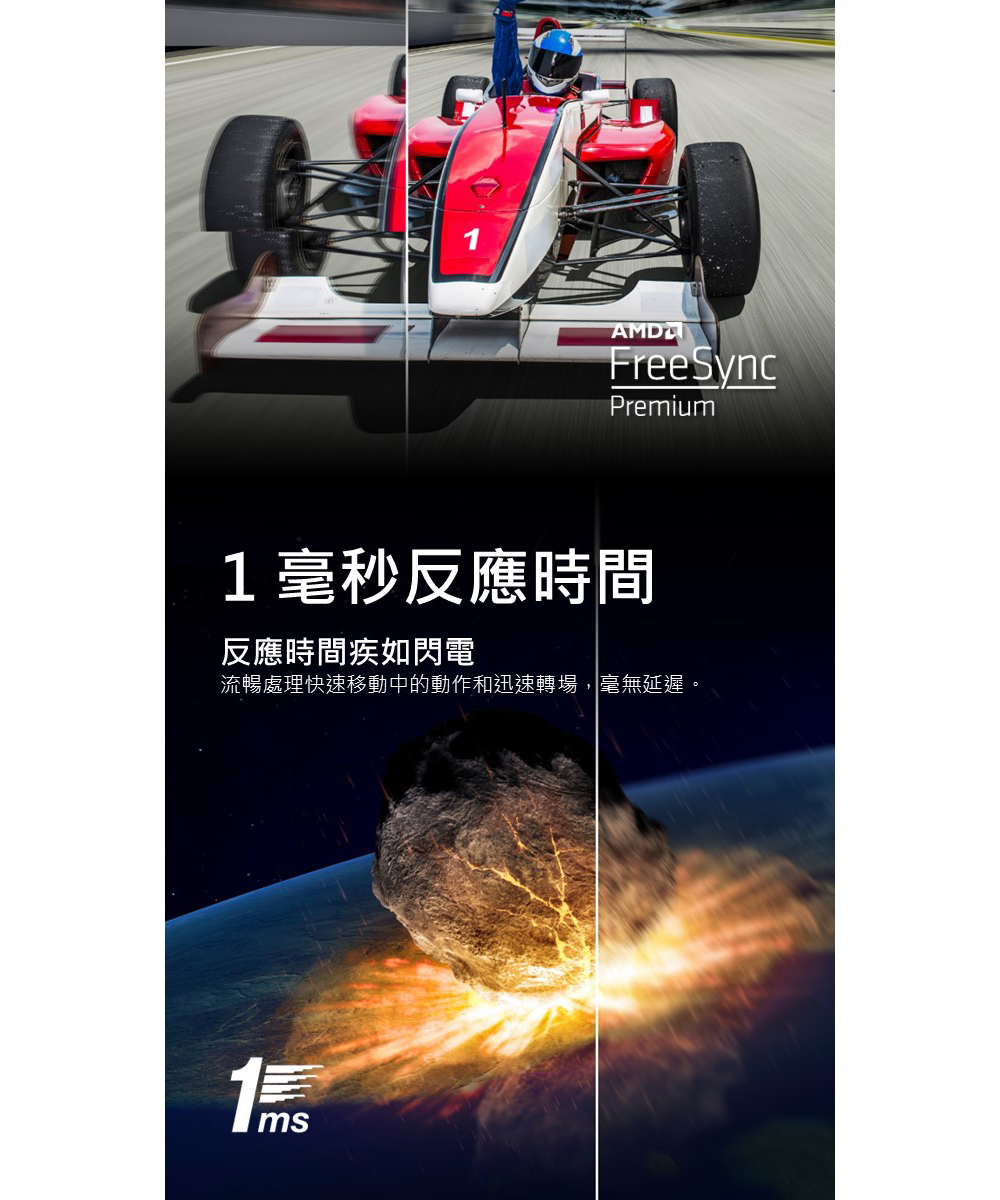 1毫秒反應時間 反應時間疾如閃電 流暢處理快速移動中的動作和迅速轉場,毫無延遲。 