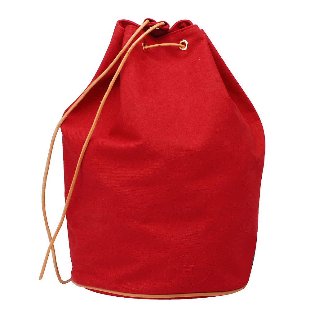 Hermes 愛馬仕 棉質帆布牛皮飾邊抽繩側背水桶包(紅色_