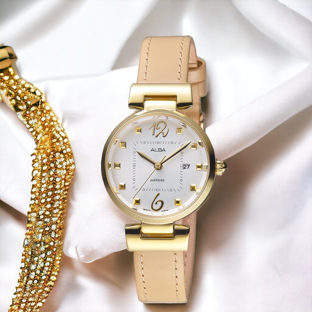 ALBA 雅柏 優雅時尚 金色 皮帶錶 女錶 米色 禮物 藍