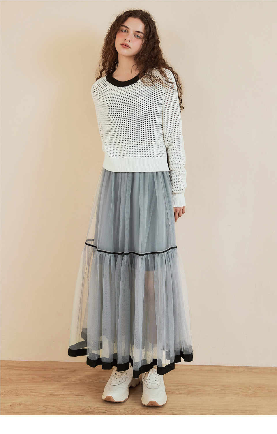OUWEY 歐薇 縷空網紗層次長紗裙(灰色；S-L；3242
