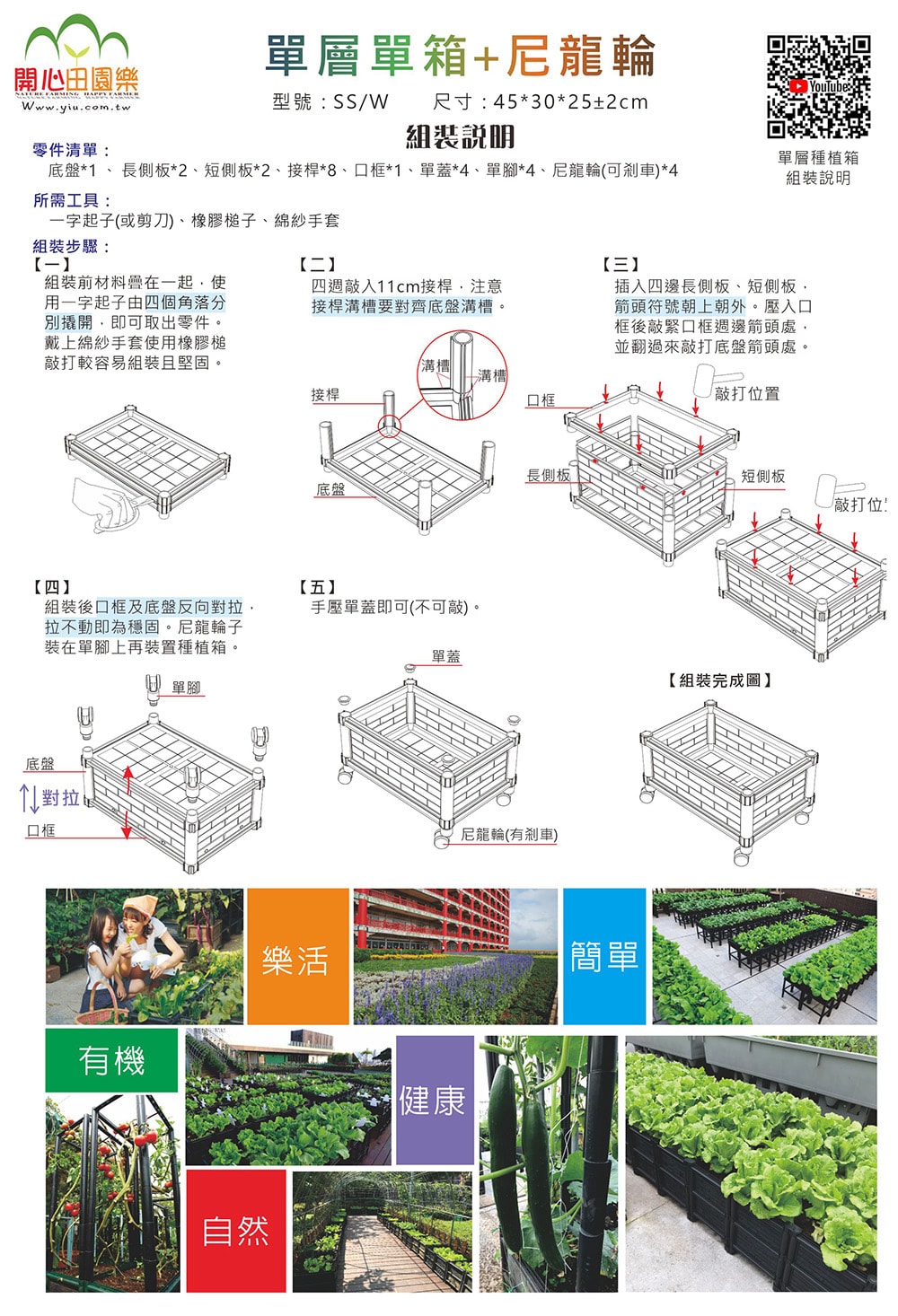 底盤1、 長側板2、短側板2、接桿8、口框1、單蓋4、單腳4、尼龍輪可剎車4