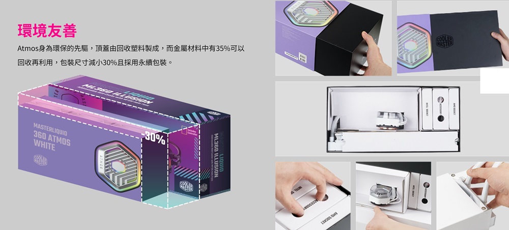 環境友善 Atmos身為環保的先驅,頂蓋由回收塑料製成,而金屬材料中有35%可以 回收再利用,包裝尺寸減小30%且採用永續包裝。 