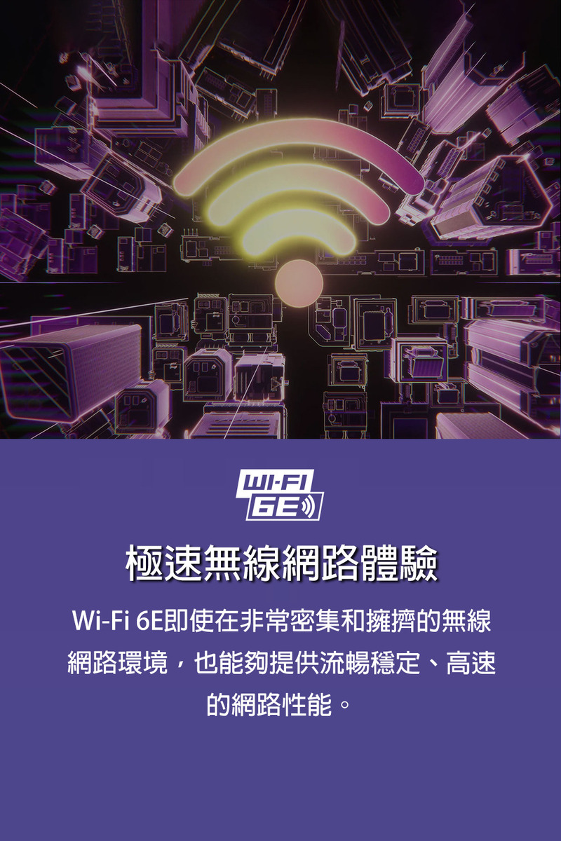 極速無線網路體驗 WiFi 6E即使在非常密集和擁擠的無線 網路環境,也能夠提供流暢穩定、高速 的網路性能。 