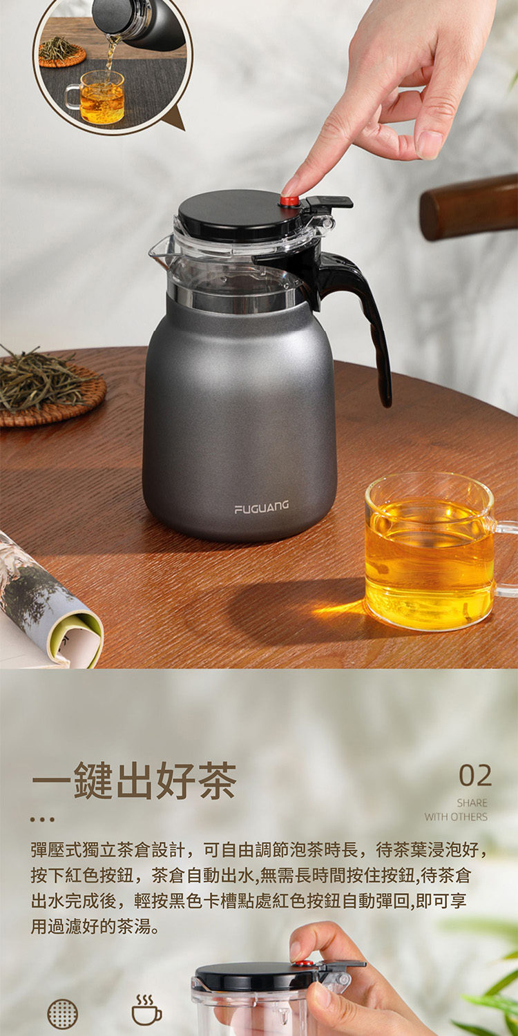 一鍵出好茶 彈壓式獨立茶倉設計,可自由調節泡茶時長,待茶葉浸泡好, 按下紅色按鈕,茶倉自動出水,無需長時間按住按鈕,待茶倉 出水完成後,輕按黑色卡槽點處紅色按鈕自動彈回,即可享 用過濾好的茶湯。 
