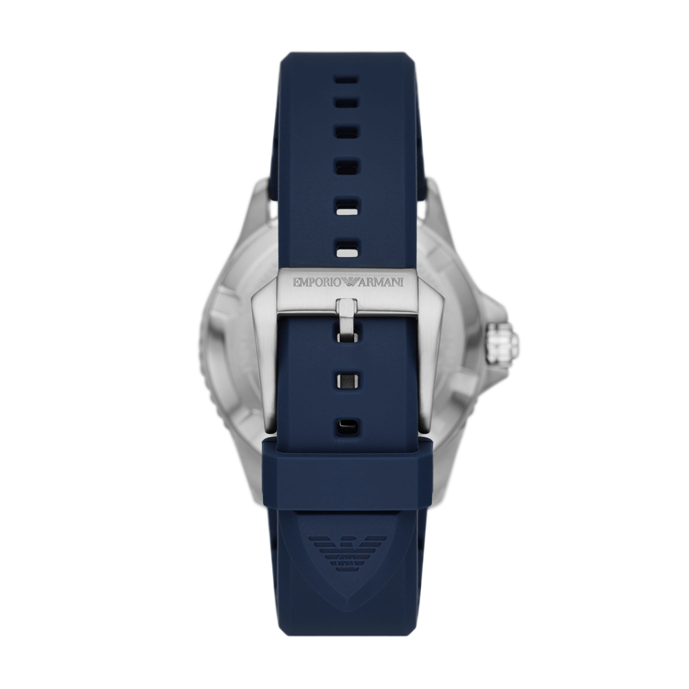 EMPORIO ARMANI 機密特務GMT時尚腕錶-銀X藍