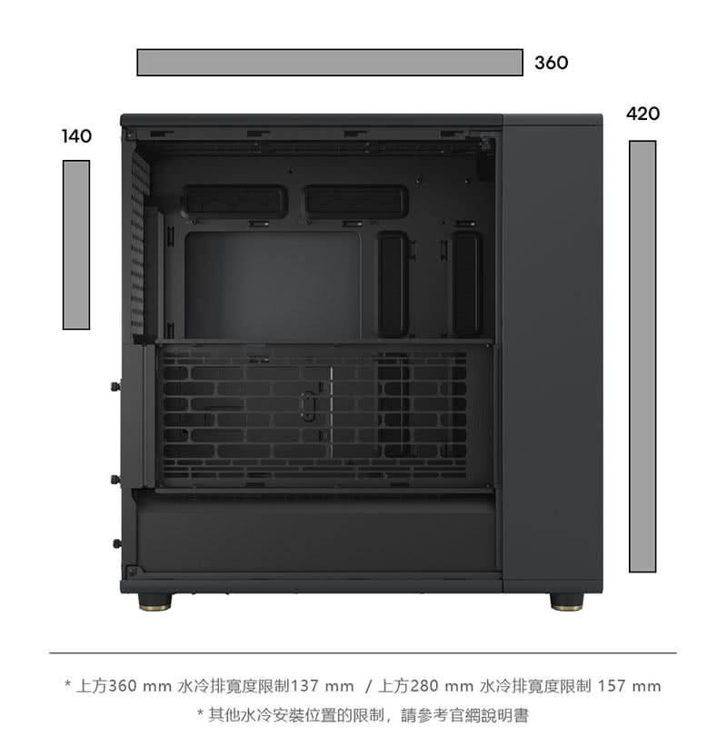 上方360mm水冷排寬度限制137mm上方280 mm 水冷排寬度限制 157mm 其他水冷安裝位置的限制,請參考官網說明書 