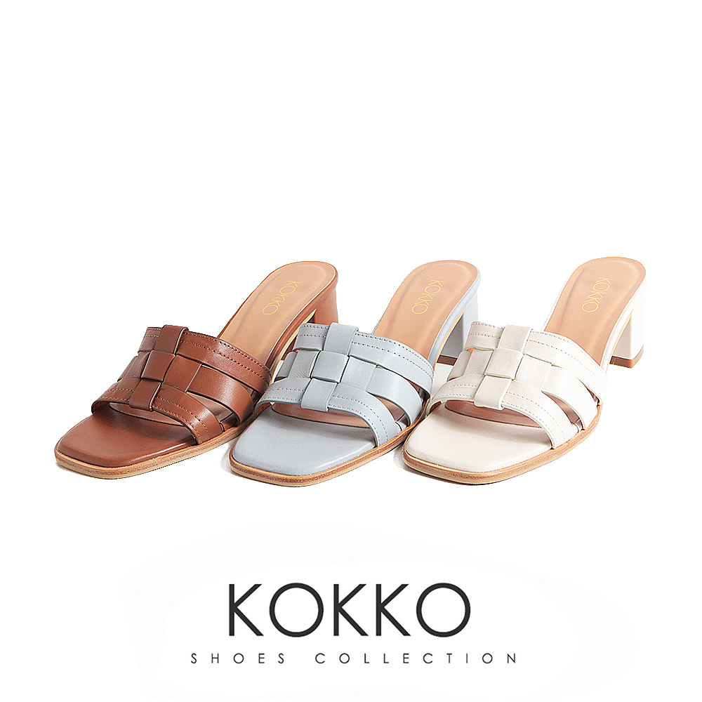 KOKKO 集團 渡假感編織方頭柔軟綿羊皮粗跟涼拖鞋(淺藍色