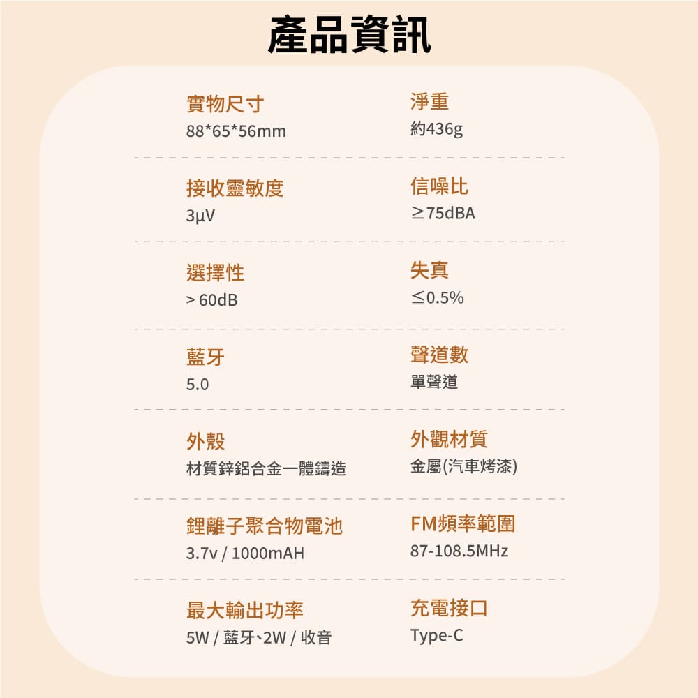 5W  藍牙、2W 收音
