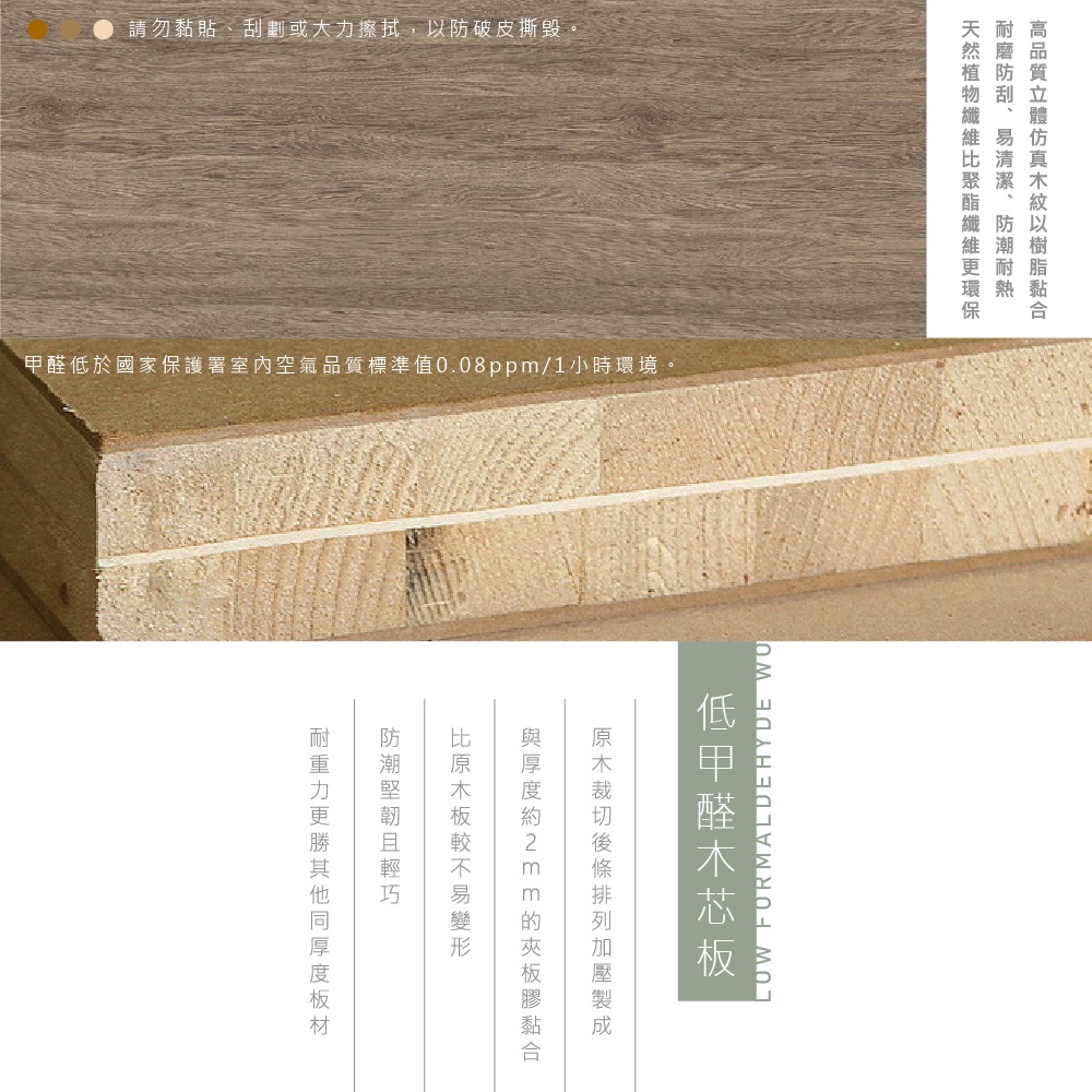 )請勿黏貼刮劃或大力擦拭,防破皮撕毀。於國家保護署室內空氣標準值0.08ppm/1小時環境。品質以、LOW FORMALDEHYDE WO低甲醛