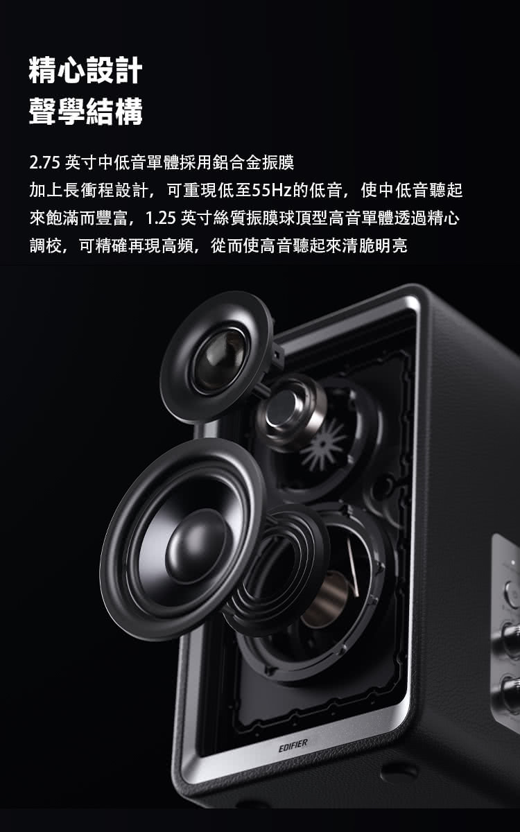加上長衝程設計,可重現低至55Hz的低音,使中低音聽起