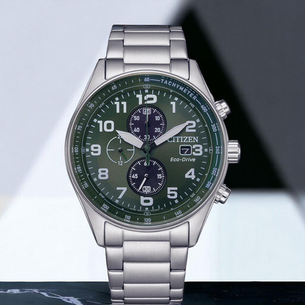 CITIZEN 星辰 光動能 三眼計時 腕錶 男錶 手錶 綠
