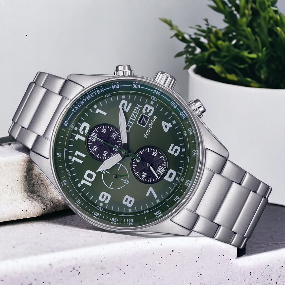 CITIZEN 星辰 光動能 三眼計時 腕錶 男錶 手錶 綠