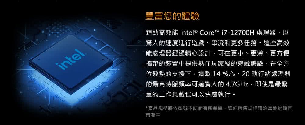 藉助高效能 Intel Core i712700H 處理器,以