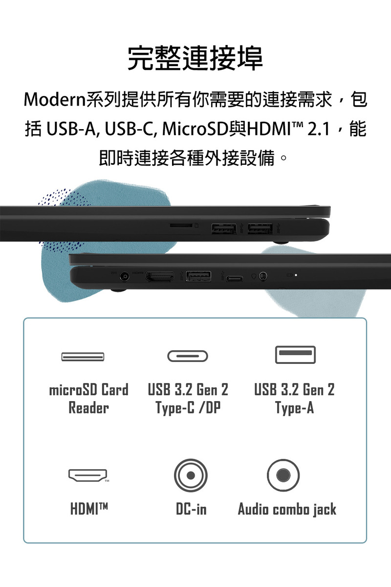 完整連接埠 Modern系列提供所有你需要的連接需求,包 括 USBA, USBC MicroSD與HDMI 2.1,能 即時連接各種外接設備。 