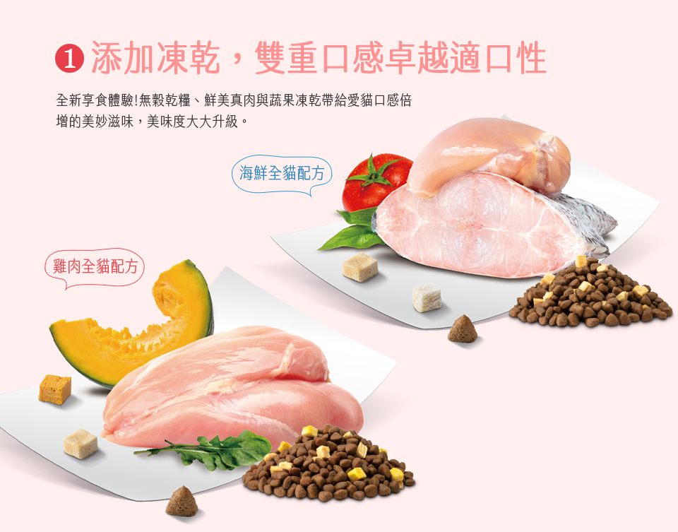 添加凍乾,雙重口感卓越適口性 全新享食體驗無穀乾糧、鮮美真肉與蔬果凍乾帶給愛貓口感倍 增的美妙滋味,美味度大大升級。 雞肉全貓配方 海鮮全貓配方 