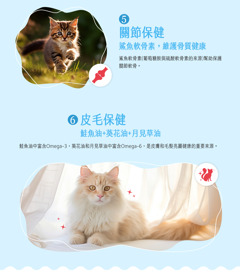 鮭魚油中富含Omega3,葵花油和月見草油中富含Omega6,是皮膚和毛髮亮麗健康的重要來源。