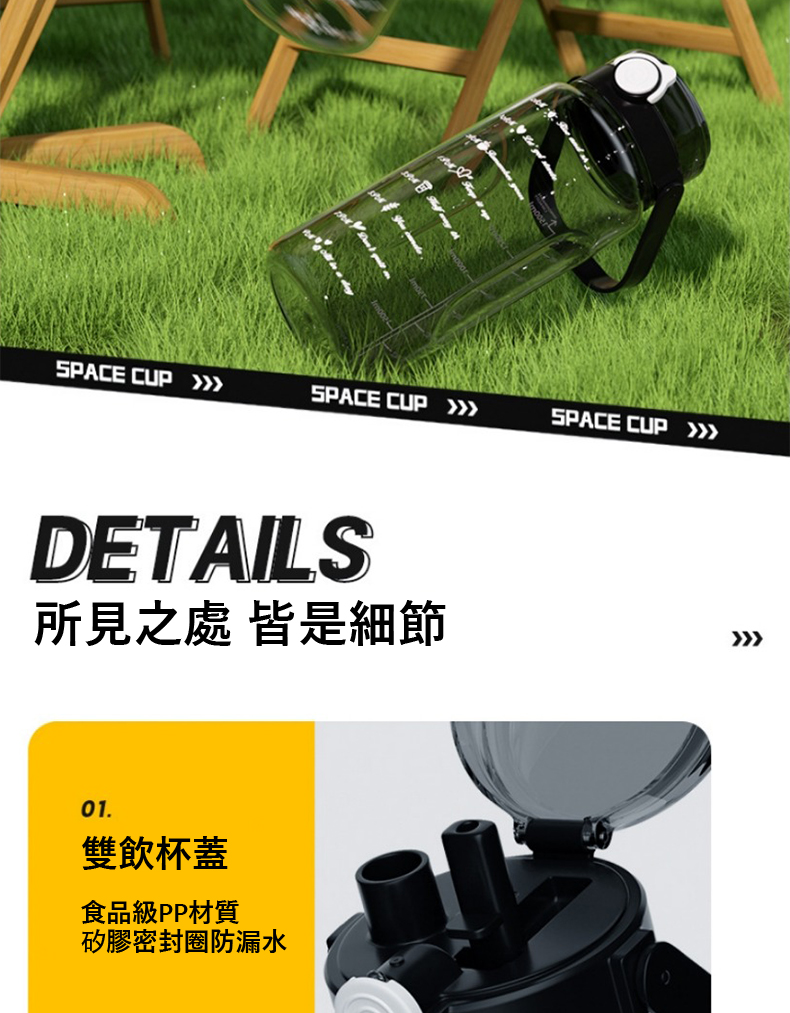 所見之處 皆是細節 雙飲杯蓋 食品級PP材質 矽膠密封圈防漏水 