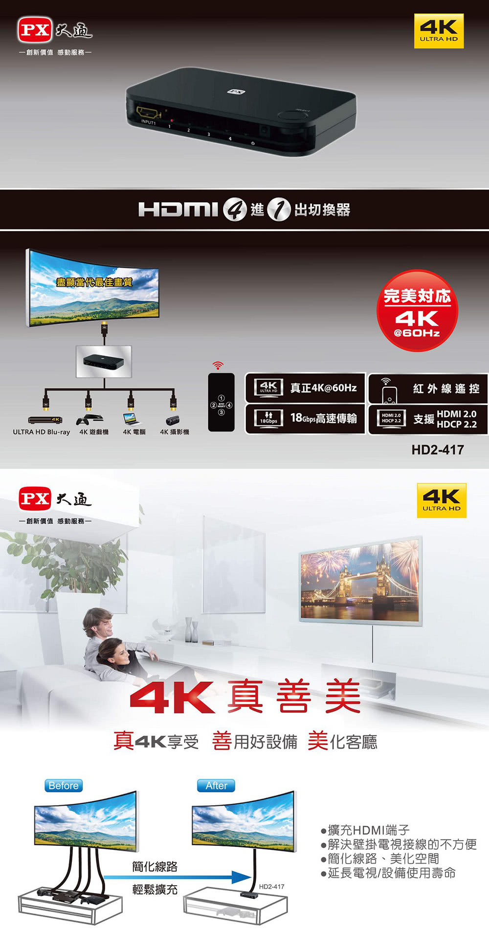 PX 大通 HD2-417 四進一出HDMI切換器(黑色) 