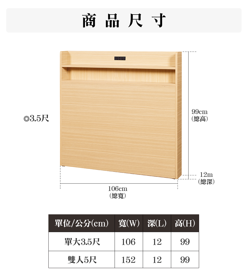 顛覆設計 簡約插座置物床頭片(單大3.5尺)優惠推薦