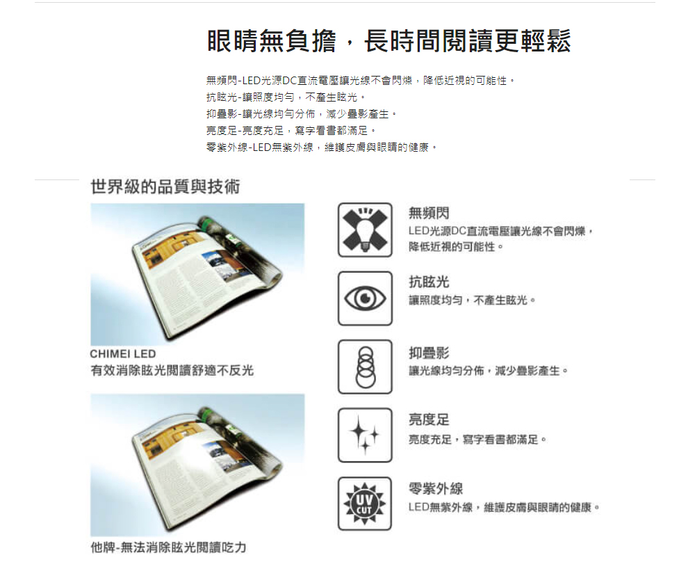 無頻閃LED光源DC直流電屋讓光線不會閃爍,降低近視的可能性。