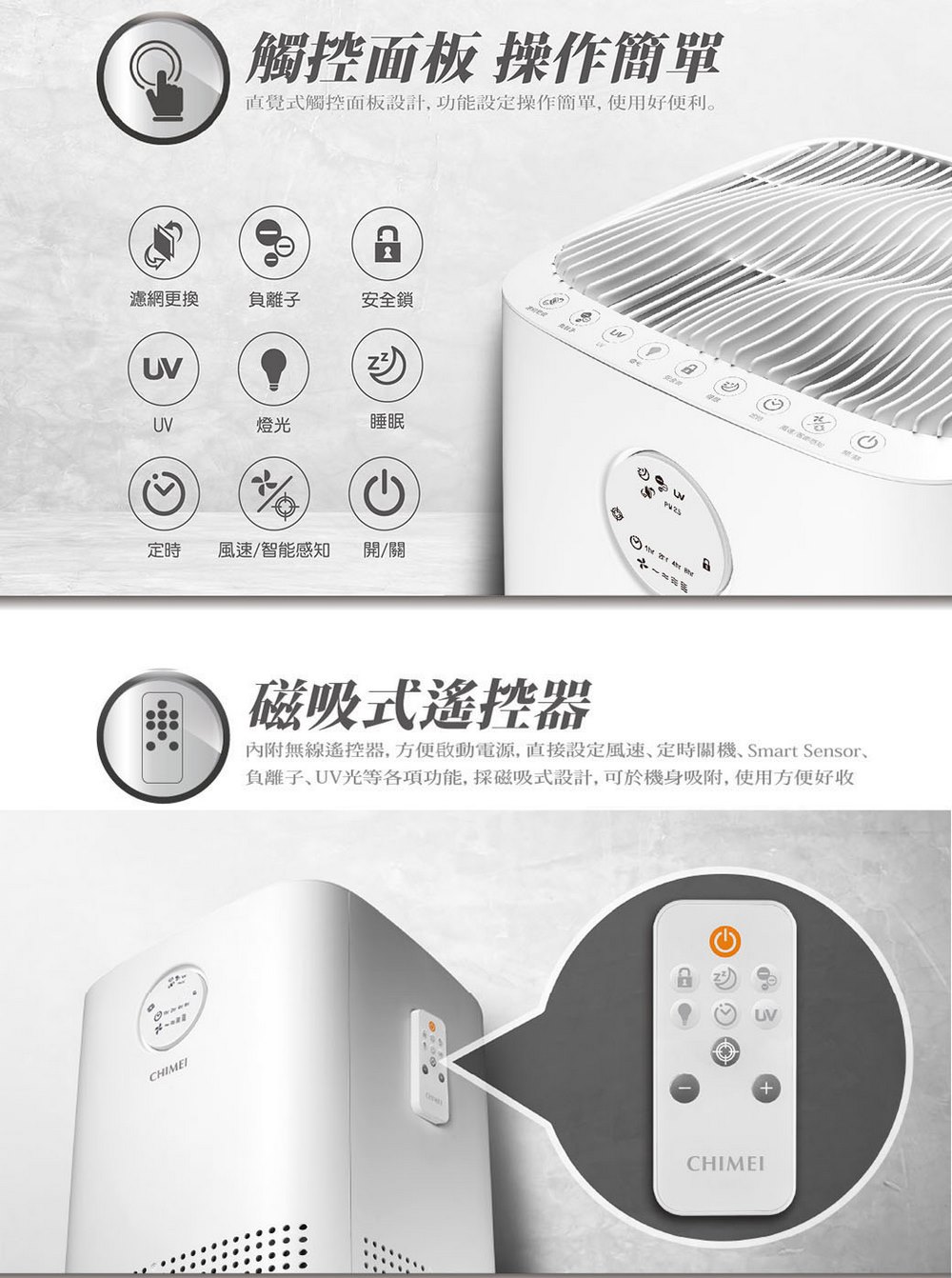 內附無線遙控空器,方便啟動電源,直接設定風速、定時關機、Smart Sensor、