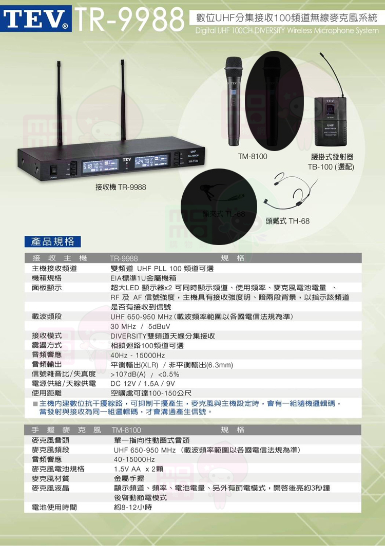 TEV TR-9988 配1手握式+1頭戴式(數位雙頻道UH