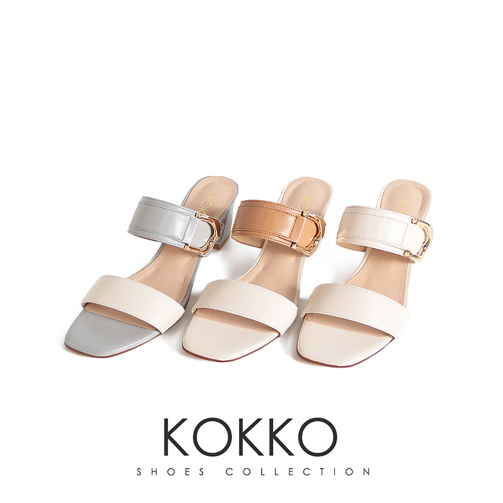 KOKKO 集團 優雅魅力一字寬帶方頭粗跟涼拖鞋(棕色)優惠