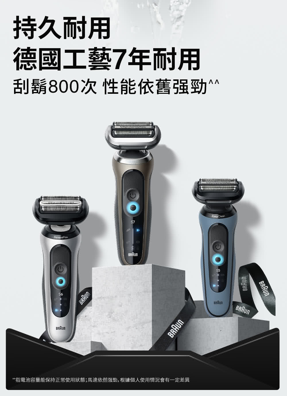 持久耐用 德國工藝7年耐用 刮鬍800次 性能依舊強勁 指電池容量能保持正常使用狀態馬達依然強勁,根據個人使用情況會有一定差異 