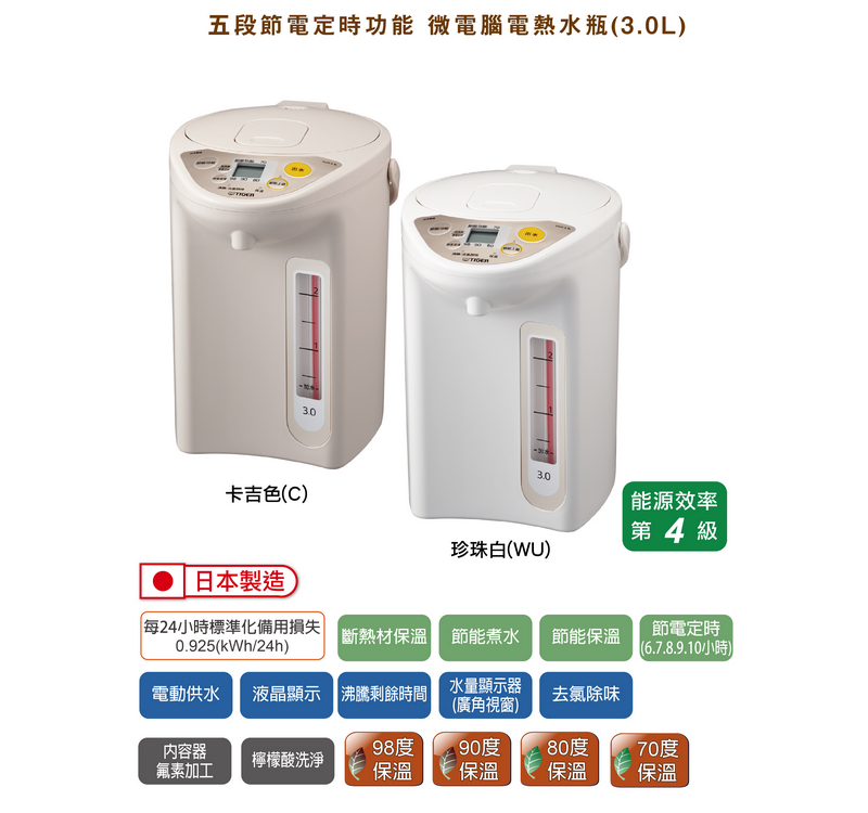 TIGER 虎牌 日本製微電腦電熱水瓶 3L(PDR-S30