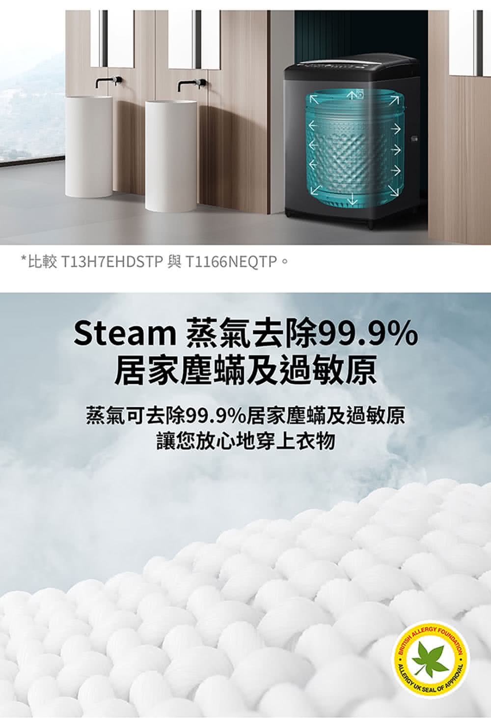 比較 T13H7EHDSTP 與 T1166NEQTP。 Steam 蒸氣去除99.9% 居家塵蟎及過敏原 蒸氣可去除99.9%居家塵蟎及過敏原 讓您放心地穿上衣物