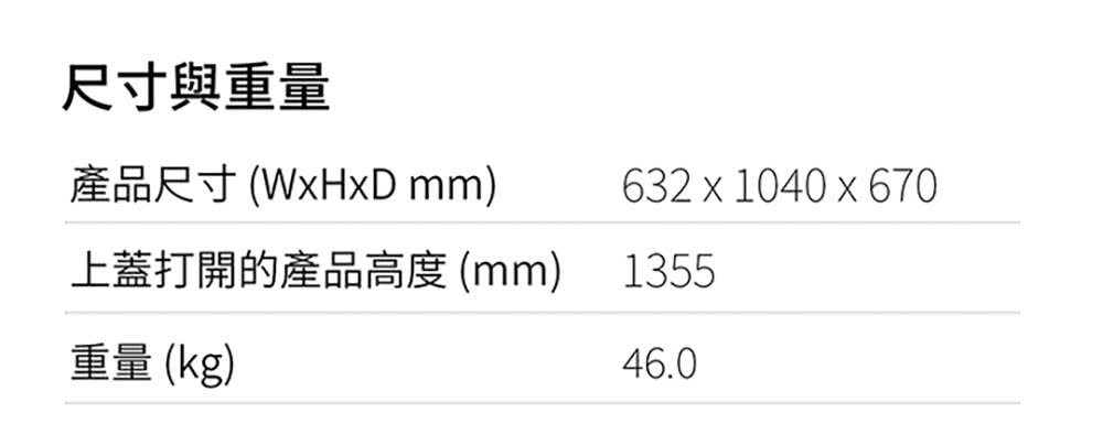 尺寸與重量 產品尺寸WxHxD mm 上蓋打開的產品高度 mm 重量kg