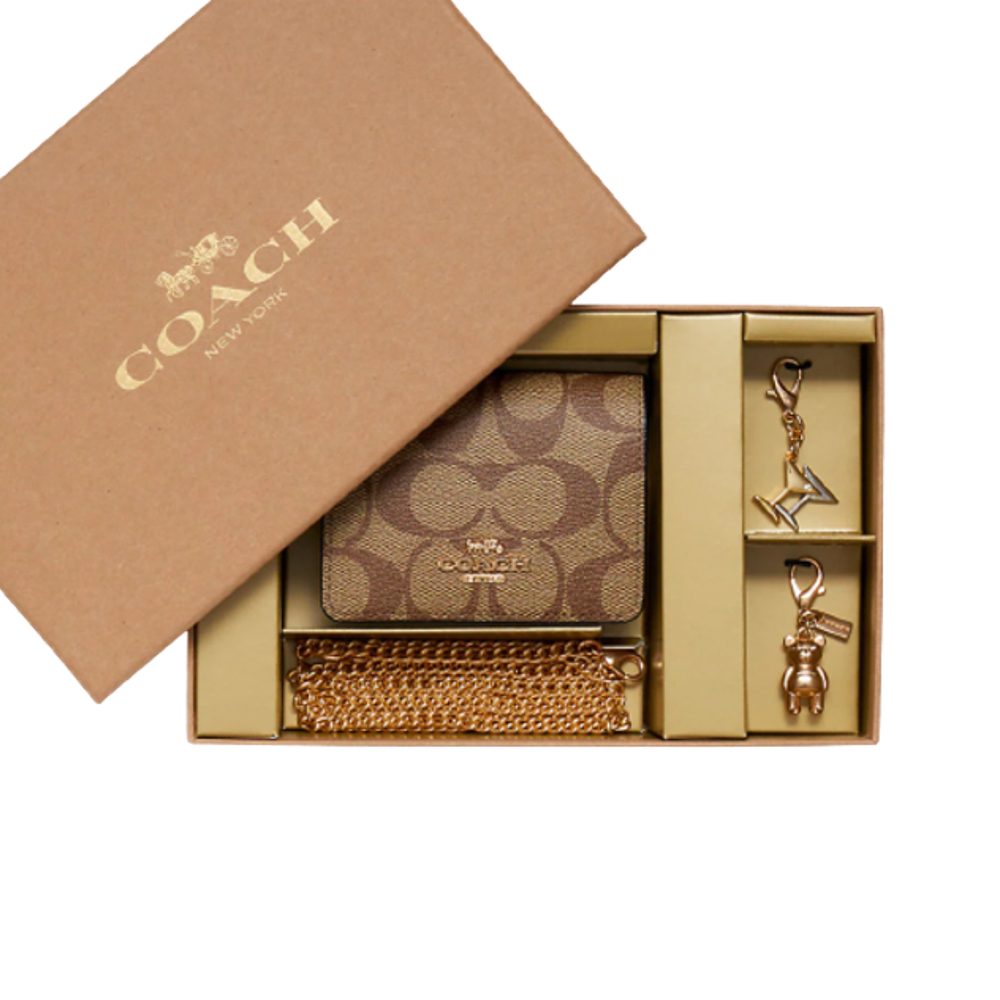 COACH 品牌 LOGO 皮革鏈帶迷你錢包/卡包 附 2 