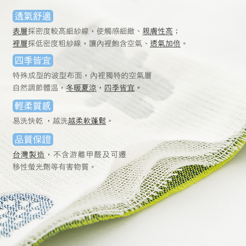 裡層採低密度粗紗線,讓內裡飽含空氣、透氣加倍。