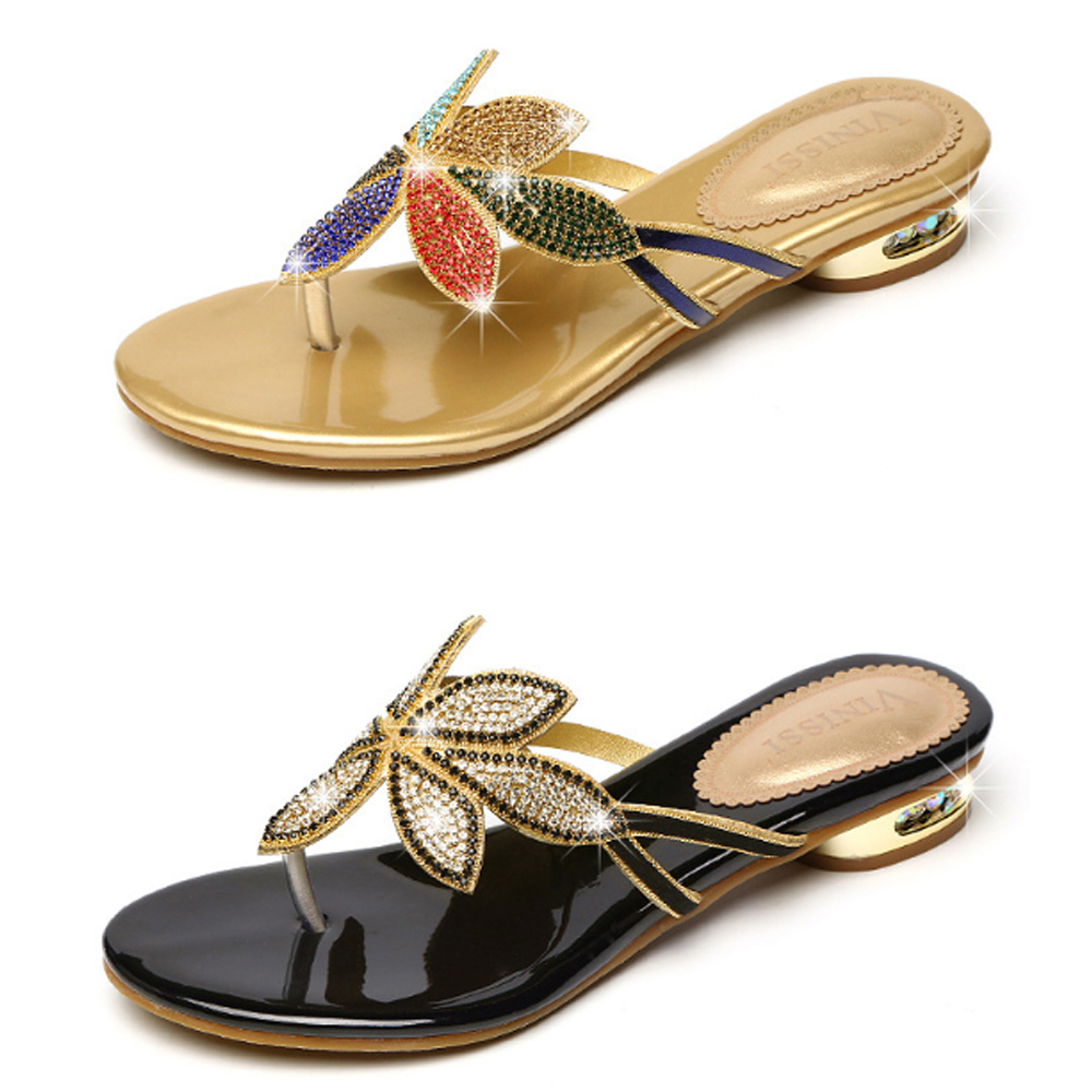 Taroko 性感花朵水鑽夾腳小尺碼平底外出搭配拖鞋(2色可