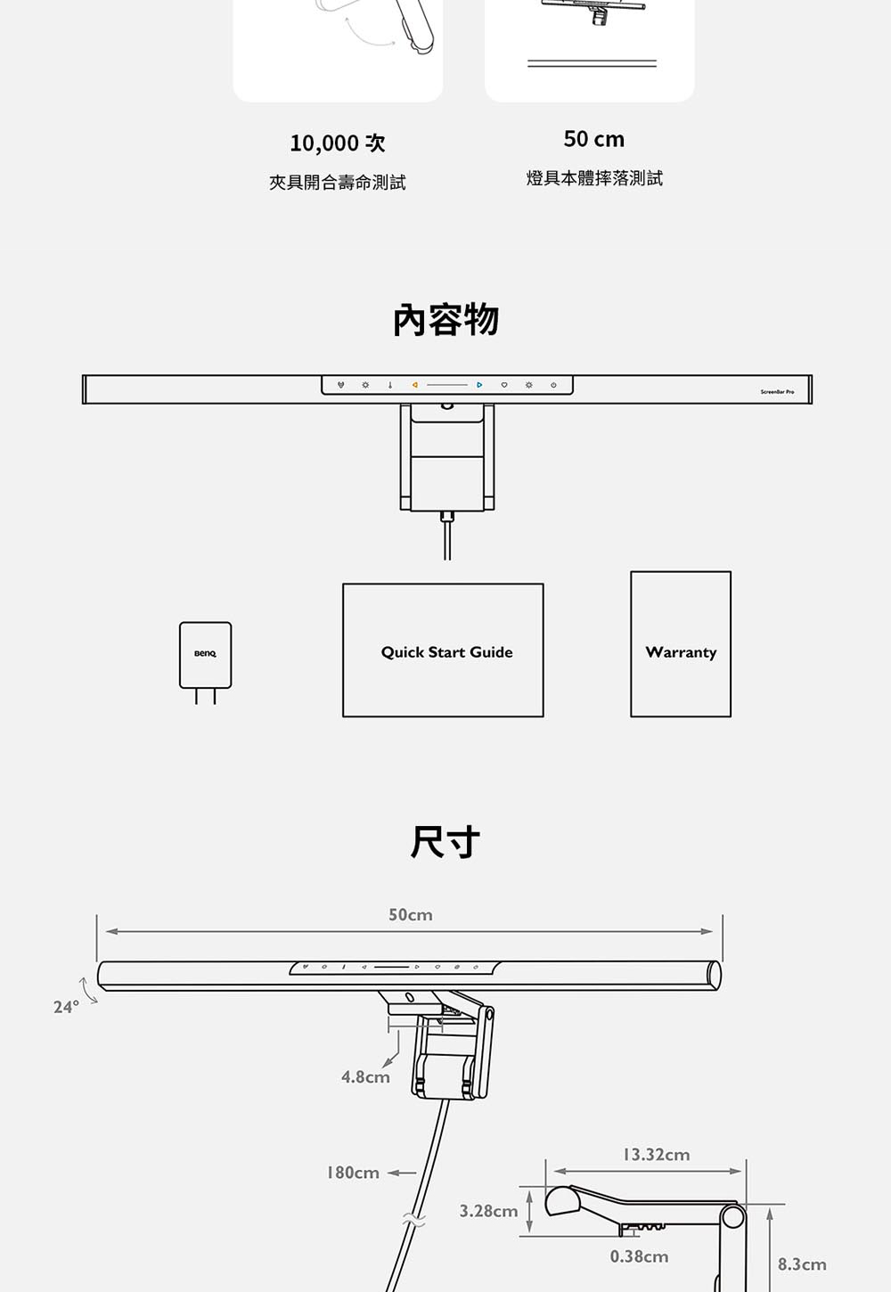 10,000次 夾具開合壽命測試 燈具本體摔落測試 內容物 尺寸 