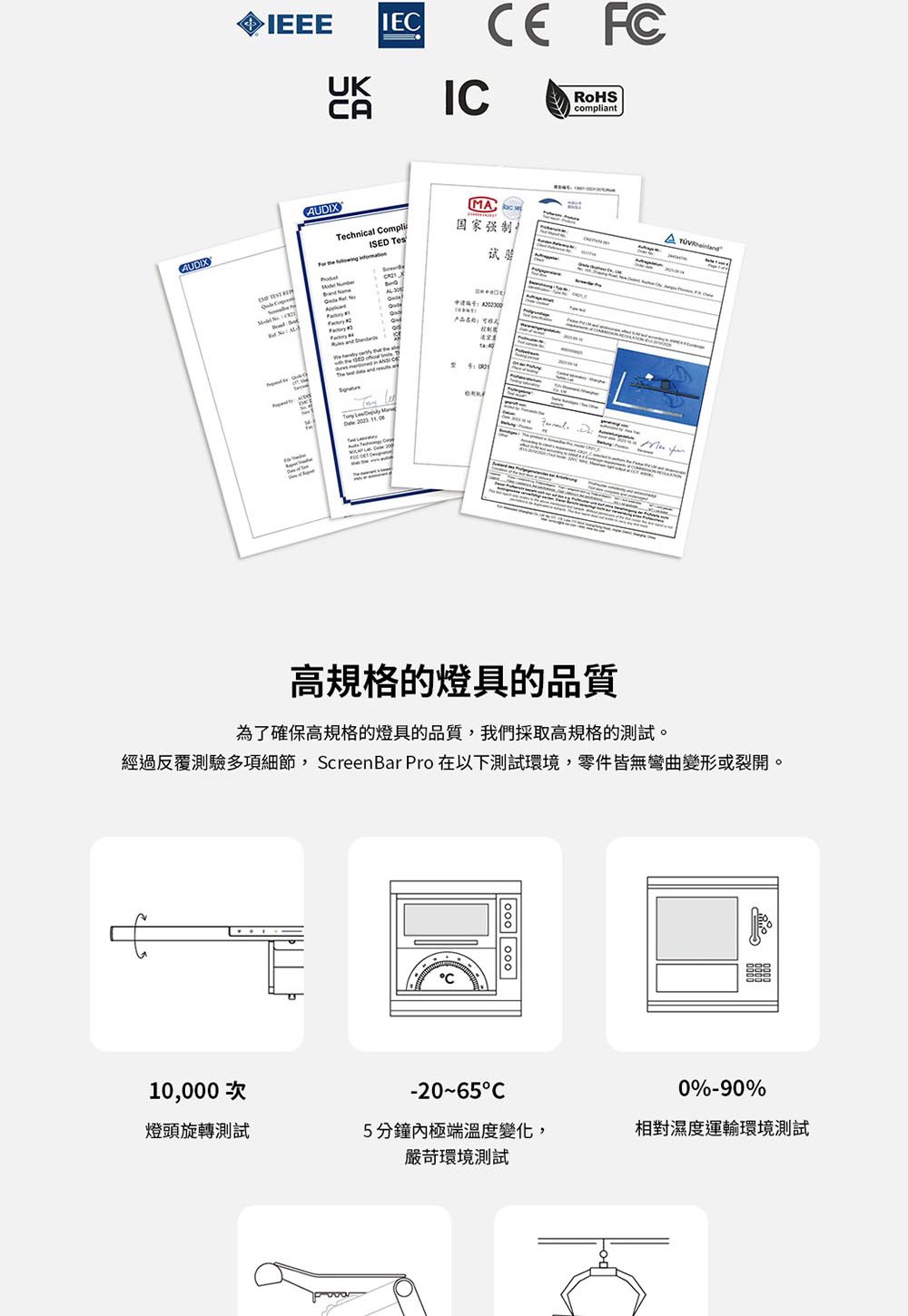 經過反覆測驗多項細節,ScreenBar Pro 在以下測試環境,零件皆無彎曲變形或裂開。