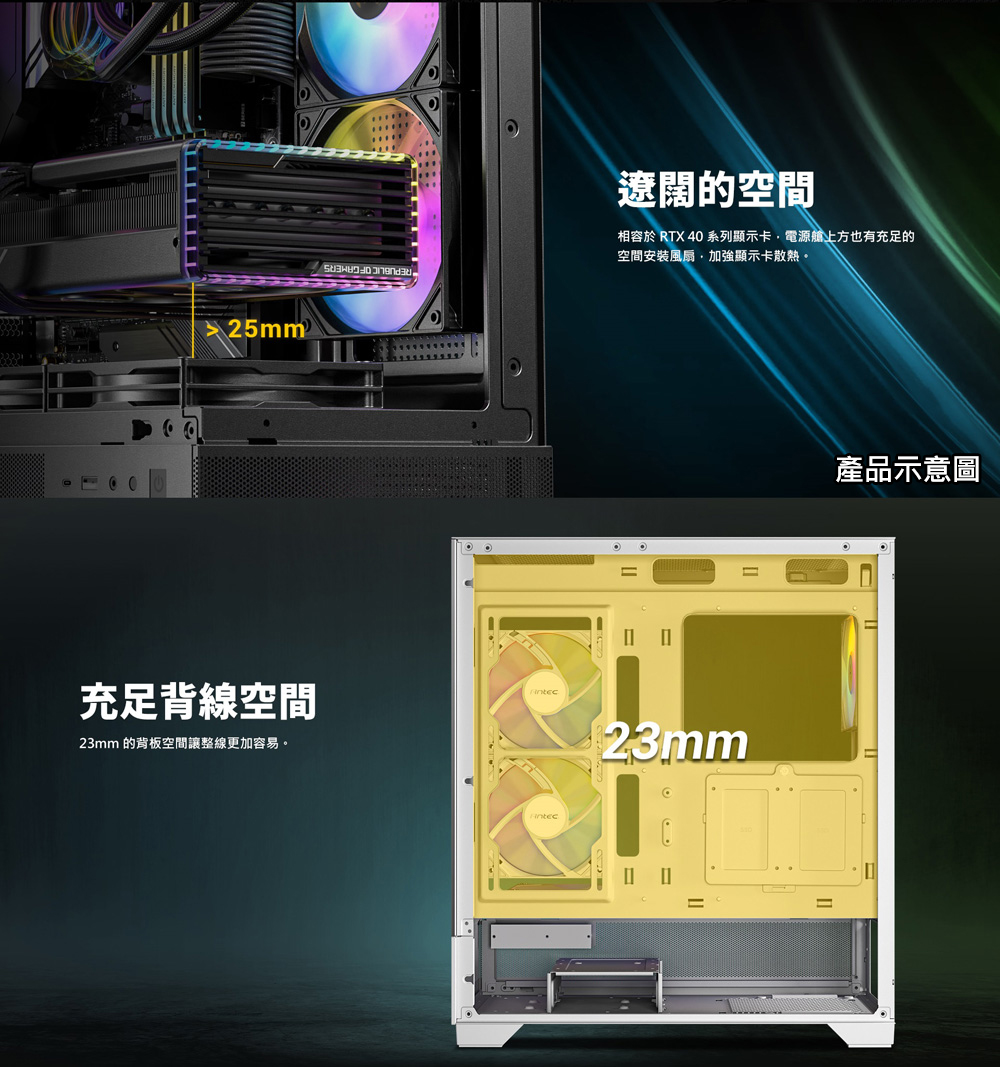 相容於 RTX 40 系列顯示卡,電源艙上方也有充足的