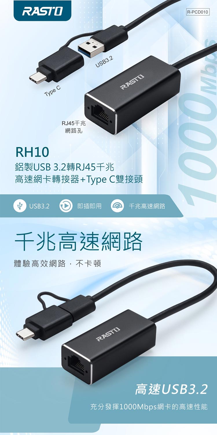 RH10 USB 3.2轉RJ45網卡轉接器+TYPY C評