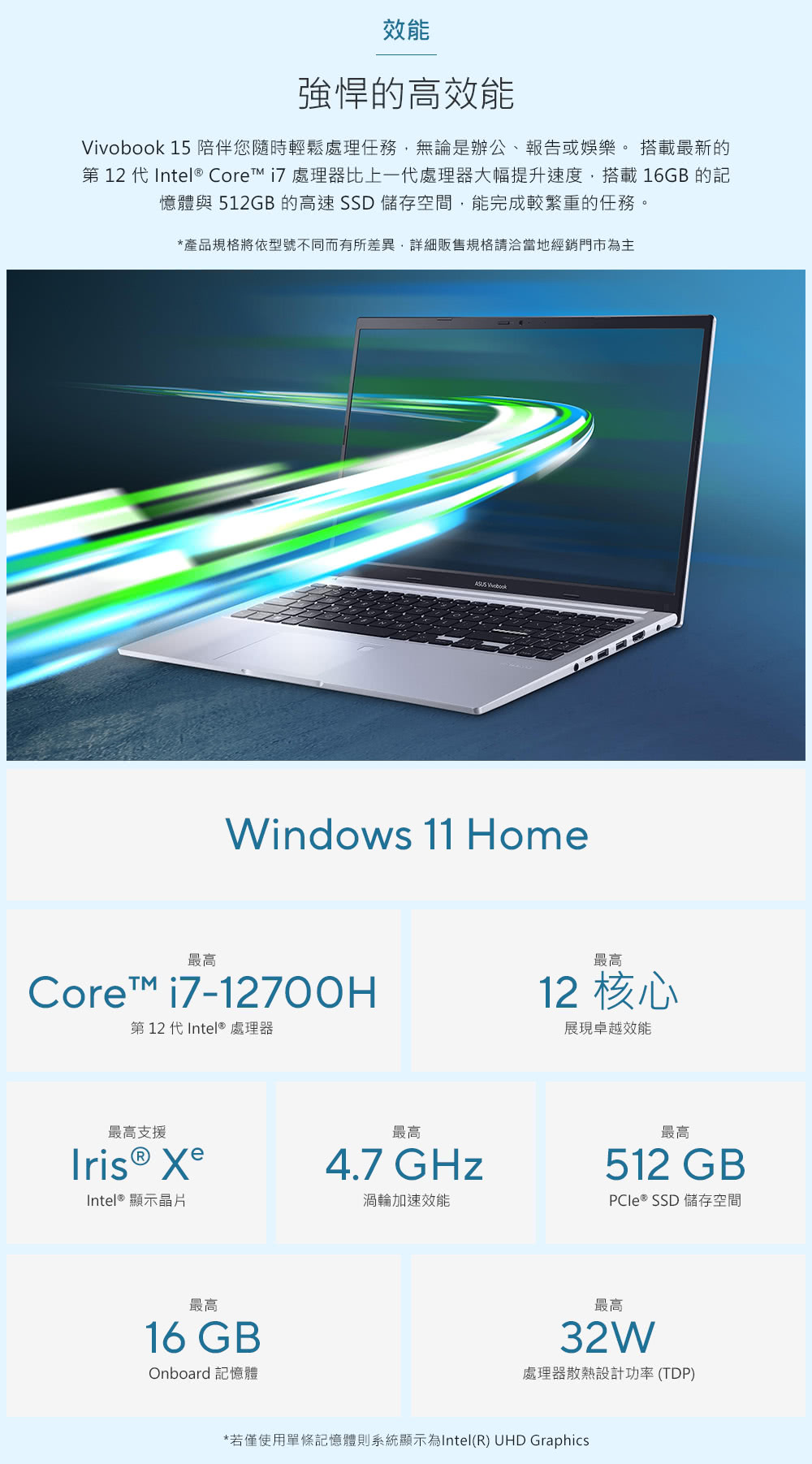 效能強悍的高效能 15 陪伴您隨時輕鬆處理任務無論是辦公、報告或娛樂。搭載最新的第 12 代 Intel® Core  處理器比上一代處理器大幅提升速度,搭載16GB 的記憶體與 512GB 的高速 SSD 儲存空間,能完成較繁重的任務。*產品規格將依型號不同而有所差異,詳細販售規格請洽當地經銷門市為主 VivobookWindows 11 Home最高Core i7-12700H第12代Intel ® 處理器最高支援Iris® XeIntel® 顯示晶片最高16 GBOnboard 記憶體最高4.7 GHz最高12 核心展現卓越效能最高512 GB渦輪加速效能PCIe ® SSD 儲存空間最高32W處理器散熱設計功率(TDP)*若僅使用單條記憶體則系統顯示為Intel(R) UHD Graphics