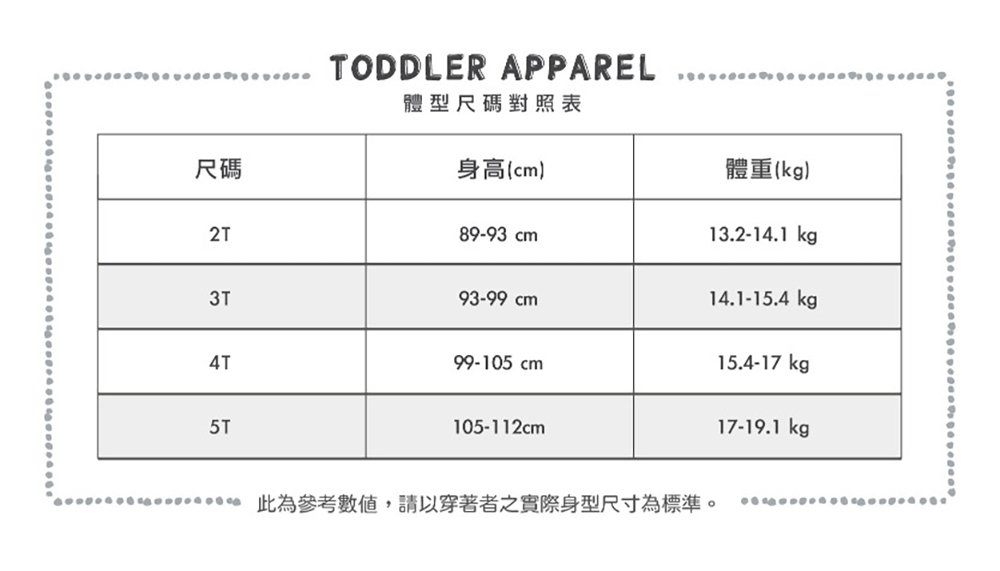 尺碼 體型尺碼對照表 身高cm 體重kg 此為參考數值,請以穿著者之實際身型尺寸為標準。 