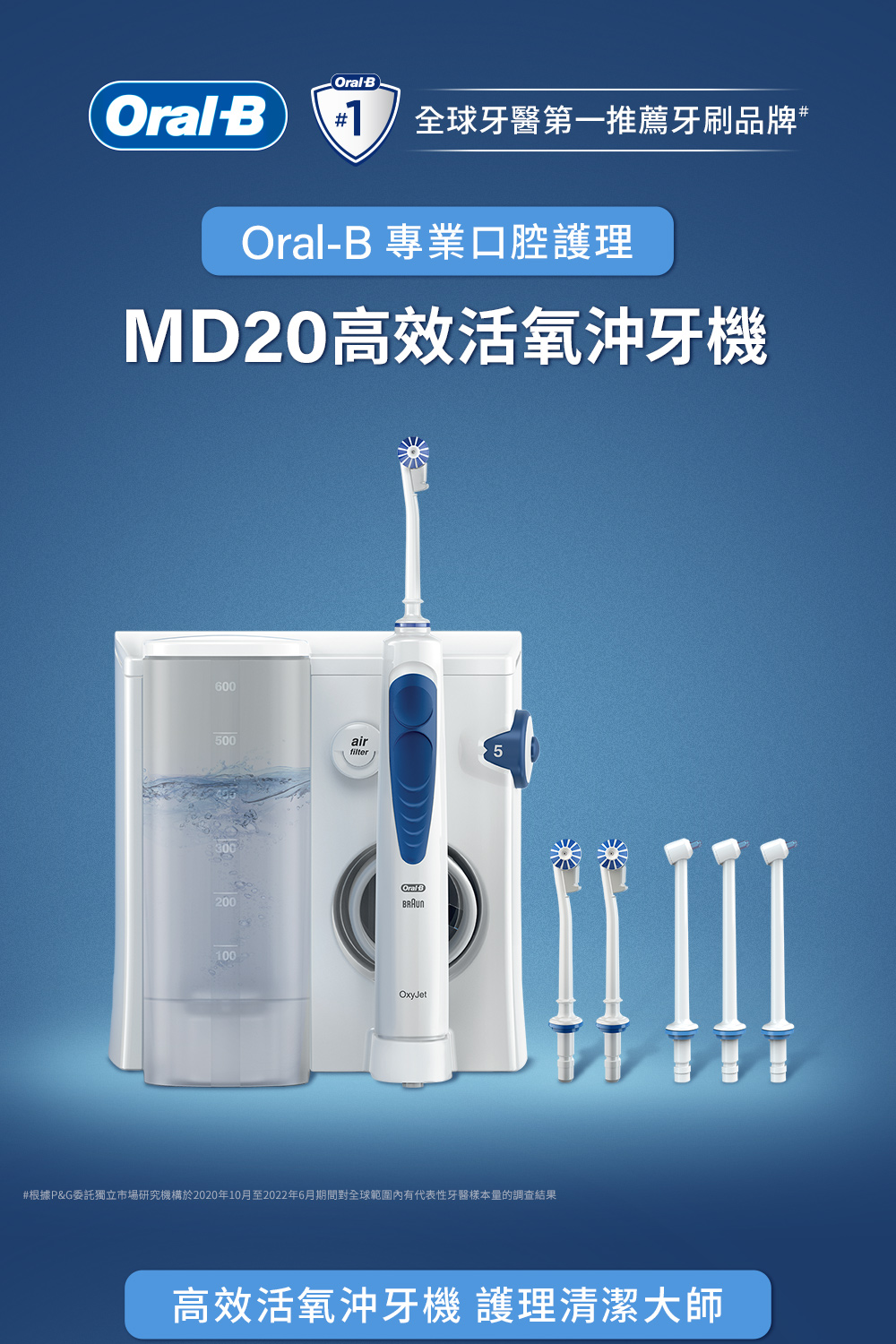 全球牙醫第一推薦牙刷品牌 OralB 專業口腔護理 MD20高效活氧沖牙機 根據PG委託獨立市場研究機構於2020年10月至2022年6月期間對全球範圍內有代表性牙醫樣本量的調查結果 高效活氧沖牙機 護理清潔大師 