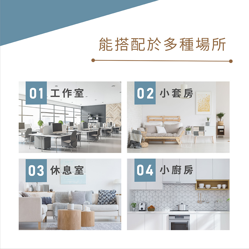 能搭配於多種場所 01 工作室 . 02 小套房 06 休息室 04 小廚房 