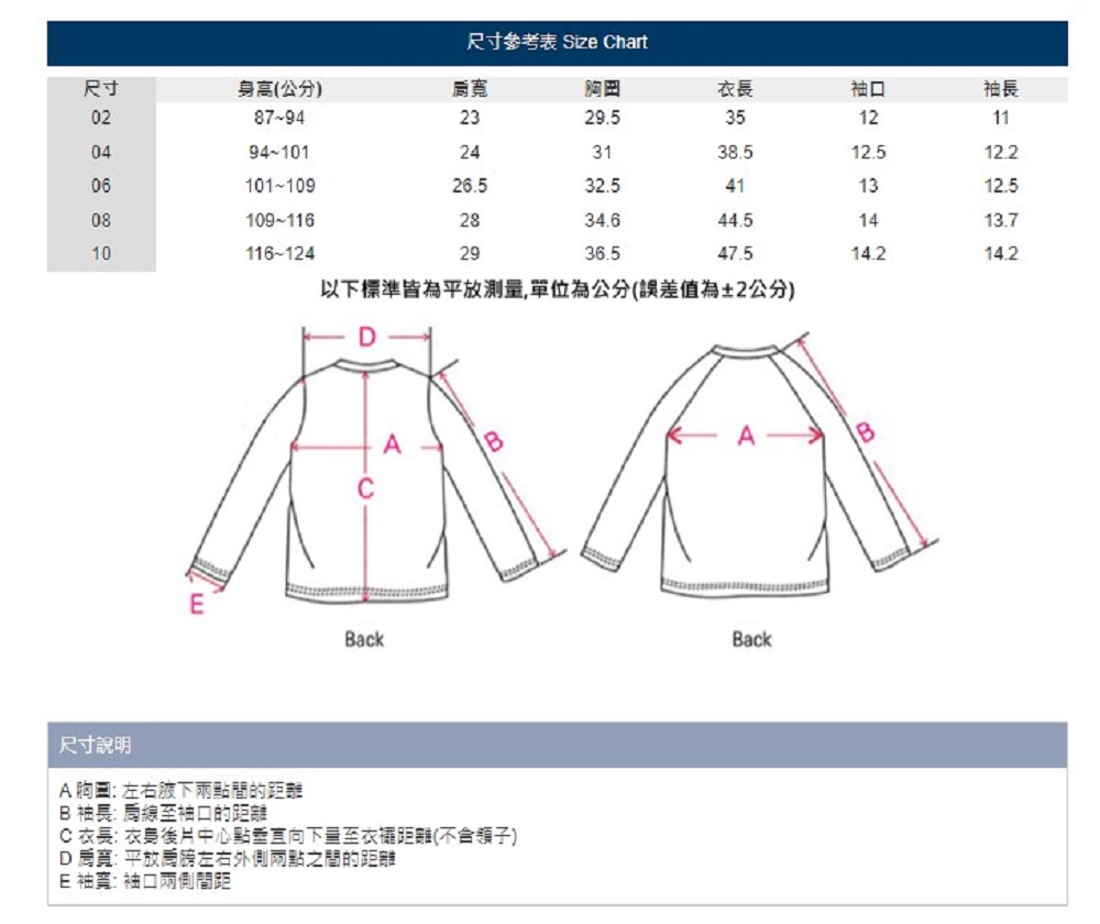C 衣長 衣身後片中心點垂直向下量至衣襬距離不含領子