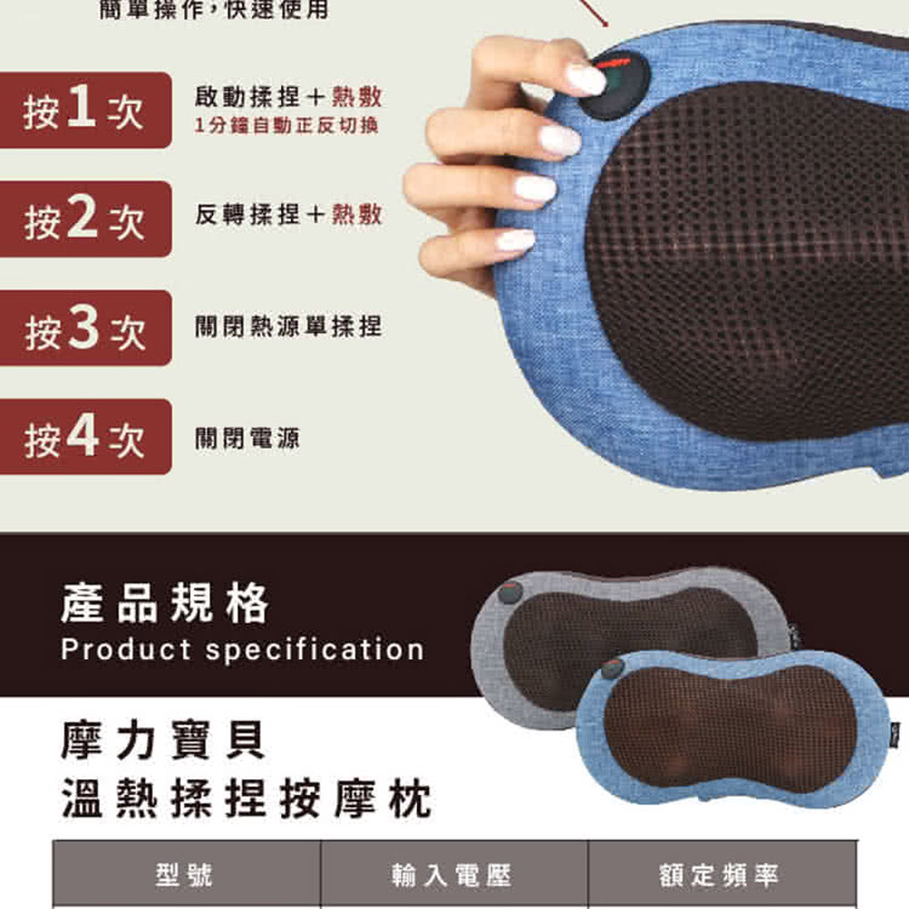 簡單操作,快速使用按 1 次啟動揉捏1分鐘自動正反切换按2次反轉揉捏+按 3 次關閉熱源單揉捏按4次關閉電源產品規格Product specification摩力寶貝溫熱揉捏按摩枕型號輸入電壓額定頻率