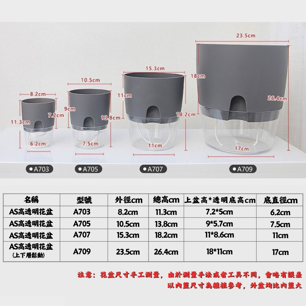 注意花盆尺寸手工测量,由於測量手法或者工具不同,會略有誤差