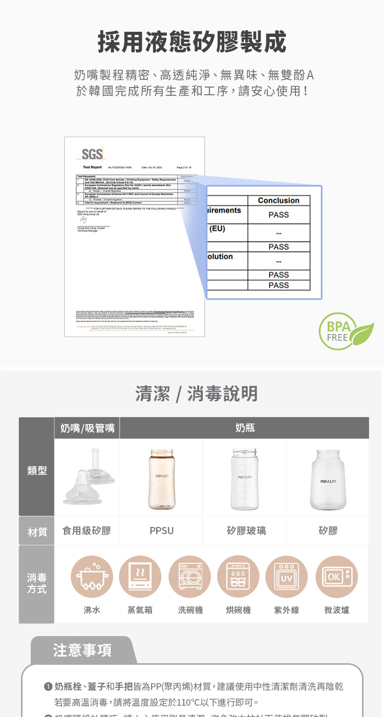 奶瓶栓、蓋子和手把皆為PP聚丙烯材質,建議使用中性清潔劑清洗再陰乾