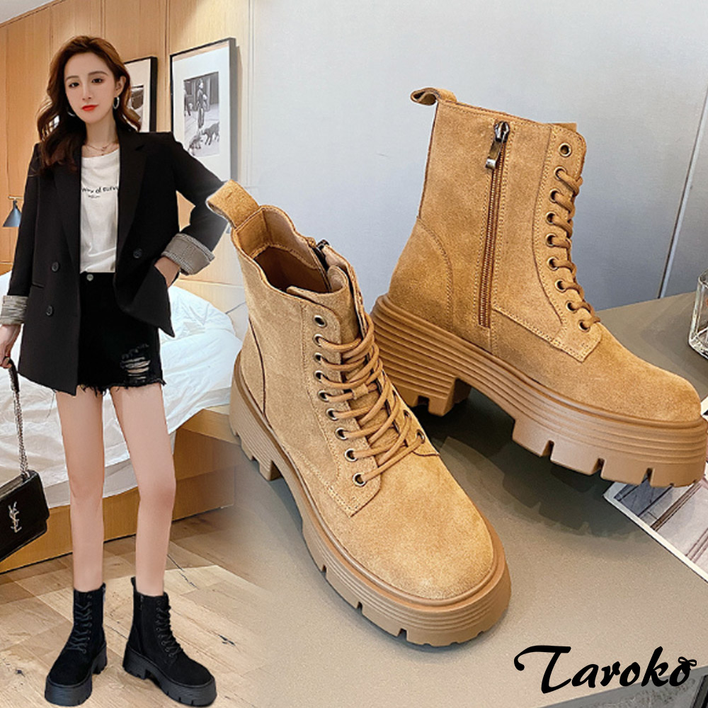 Taroko 磨砂牛皮綁帶女款厚底馬汀靴短靴(2色可選)優惠