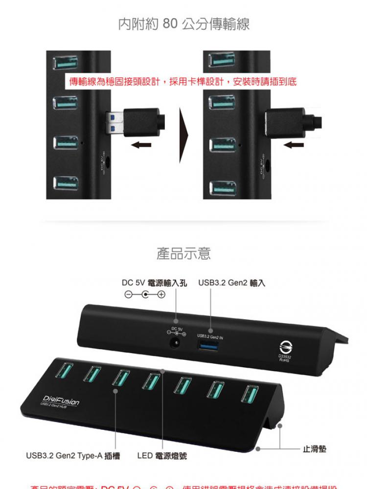 伽利略 USB3.2 Gen2 7埠 Hub鋁合金-黑好評推