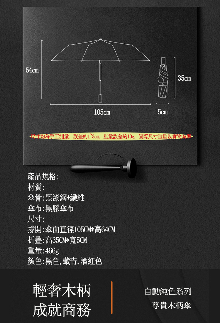 PUSH! 三折10骨黑膠自動傘 原木手柄防曬遮陽傘全自動商